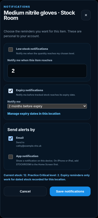 DBX ONE STOCKROOM expiry notification settings for a stock item